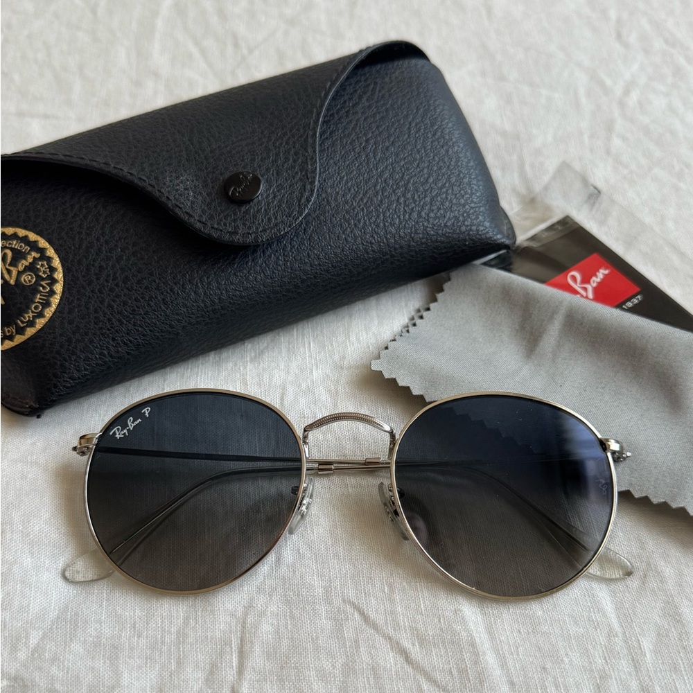 Ray-Ban RB3447-N Round Metal Polarized Sunglasses - Blue Gradient Lens - Silver